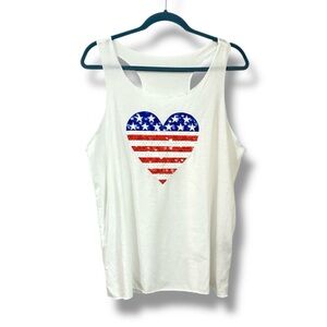 SHEIN White Tank Top Faux Sequin Heart Design Women’s Size XL Patriotic USA